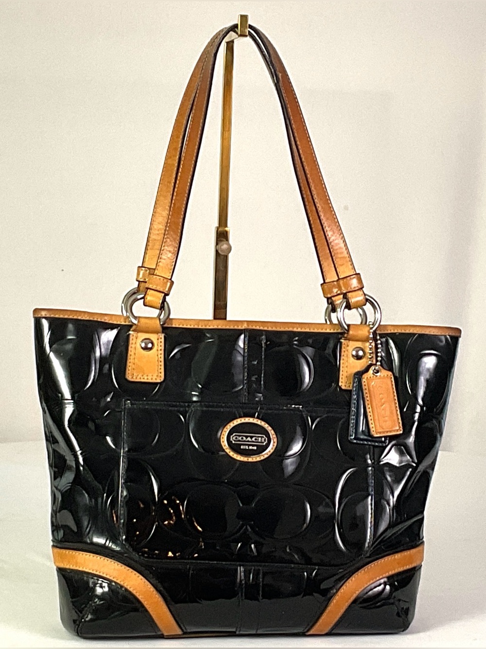 Coach -F22322-PEYTON-embossed, patent leather, tan leather trim, medium tote